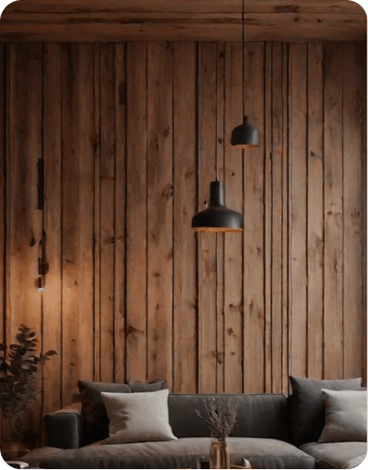 Wood-paneled interior with sofa and pendant lights